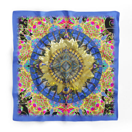 Cosmic Lotus Mandala Silk Scarf - Psychedelic Neon Art Italian Satin Square Luxury Designer Bohemian Accessory
