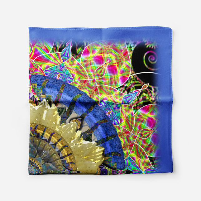Cosmic Lotus Mandala Silk Scarf - Psychedelic Neon Art Italian Satin Square Luxury Designer Bohemian Accessory