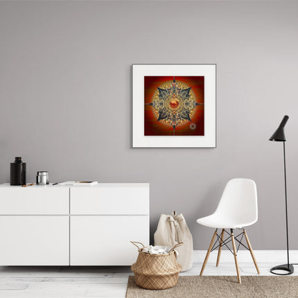Red Gold Mandala Art Print  Sacred Geometry Sunburst Decor, Spiritual Decor