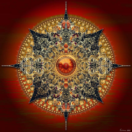 Red Gold Mandala Art Print  Sacred Geometry Sunburst Decor, Spiritual Decor