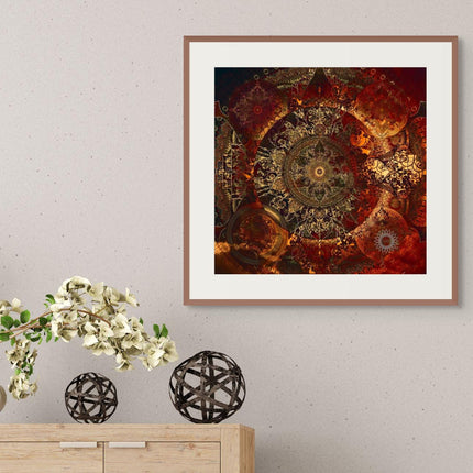 Golden Fractal Mandala Art Print  Boho Sacred Geometry Home Decor