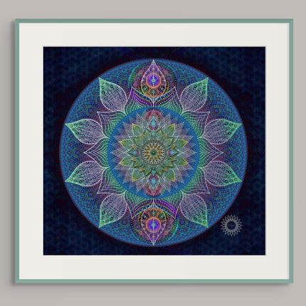 Blauer Mandala-Kunstdruck: Heilige Geometrie, Meditationsdekor