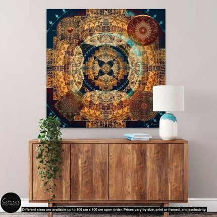 Teal Gold Mandala Print, Sacred Geometry Boho Wall Art