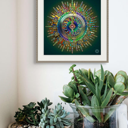 Leuchtender Mandala-Kunstdruck, Wanddekoration mit sakraler Geometrie, spiritueller abstrakter Wohnakzent