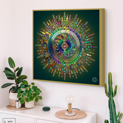 Leuchtender Mandala-Kunstdruck, Wanddekoration mit sakraler Geometrie, spiritueller abstrakter Wohnakzent