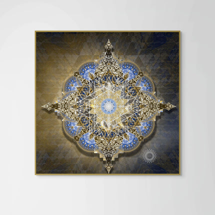 Golden Midnight Mandala Wall Art  Sacred Geometry Boho Print Blue Gold