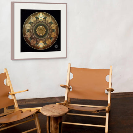 Radiant Autumn Leaves Mandala  Golden Sacred Geometry Wall Art