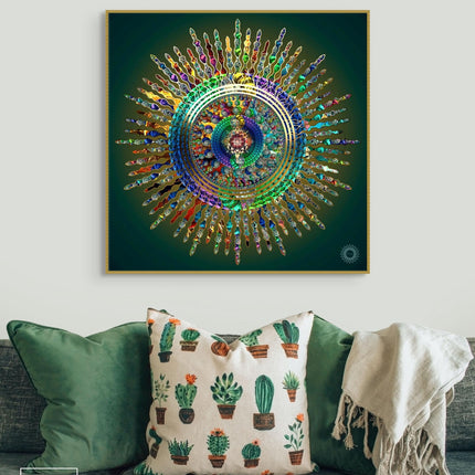 Leuchtender Mandala-Kunstdruck, Wanddekoration mit sakraler Geometrie, spiritueller abstrakter Wohnakzent