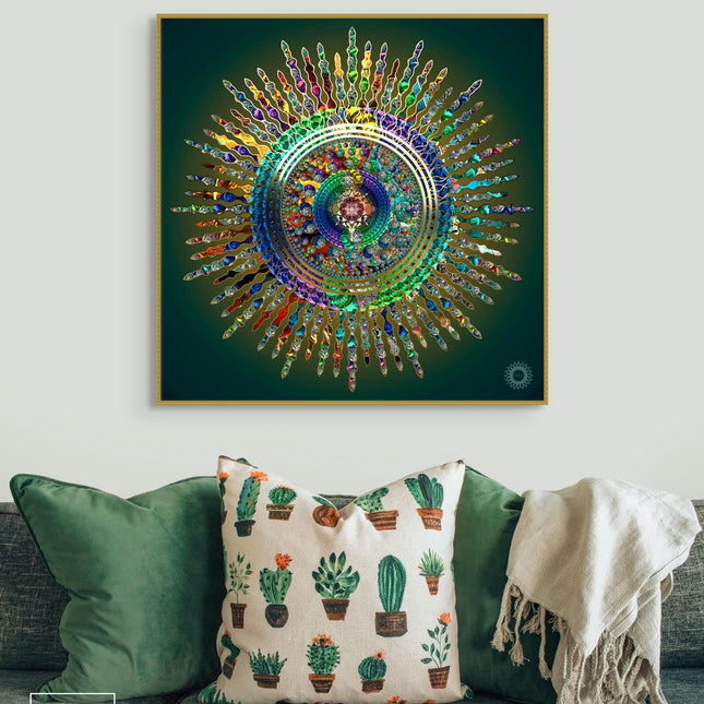 Leuchtender Mandala-Kunstdruck, Wanddekoration mit sakraler Geometrie, spiritueller abstrakter Wohnakzent