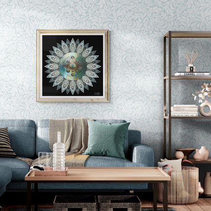 Teal Gold Mandala Wall Art, Sacred Geometry Lotus Print, Boho Meditation Decor
