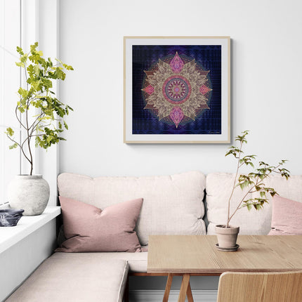 Mystic Lotus Mandala Print  Boho Sacred Geometry Wall Art, Purple Gold Spiritual Decor