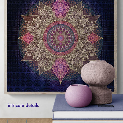 Mystic Lotus Mandala Print  Boho Sacred Geometry Wall Art, Purple Gold Spiritual Decor