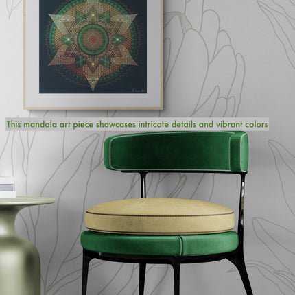 Emerald Gold Mandala Art Print, Sacred Geometry Wall Decor, Green Spiritual Home Art