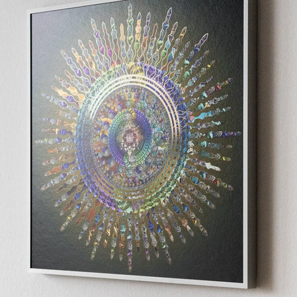 Leuchtender Mandala-Kunstdruck, Wanddekoration mit sakraler Geometrie, spiritueller abstrakter Wohnakzent