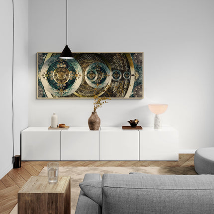 Cosmic Mandala Art Print: Teal Gold Sacred Geometry Wall Art (Vertical/Horizontal)