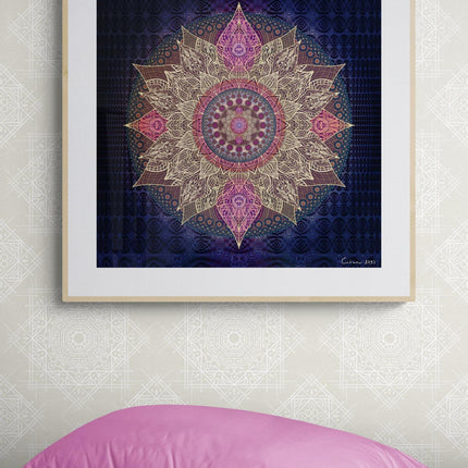 Mystic Lotus Mandala Print  Boho Sacred Geometry Wall Art, Purple Gold Spiritual Decor
