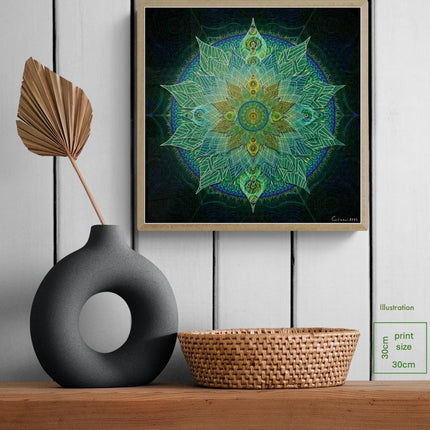 Green Mandala Art Print: Sacred Geometry, Spiritual Decor