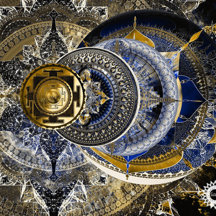 Celestial Sacred Geometry Mandala Clock  Royal Blue Gold Spiritual Wall Art Print