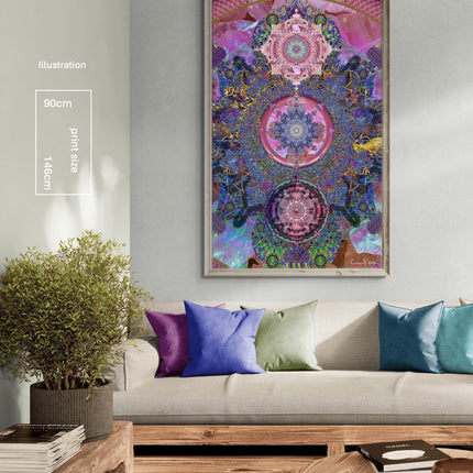 Pink Chakra Mandala Wall Art, Large Sacred Geometry Psychedelic Print, for Office, Living Room or Meditation Space