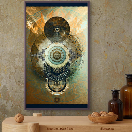 Sacred Flower of Life Mandala Wall Art - Golden Teal Feather Angel Wings - Triple Moon Spiritual Print - Divine Geometry Meditation Decor