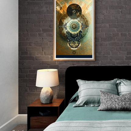 Sacred Flower of Life Mandala Wall Art - Golden Teal Feather Angel Wings - Triple Moon Spiritual Print - Divine Geometry Meditation Decor