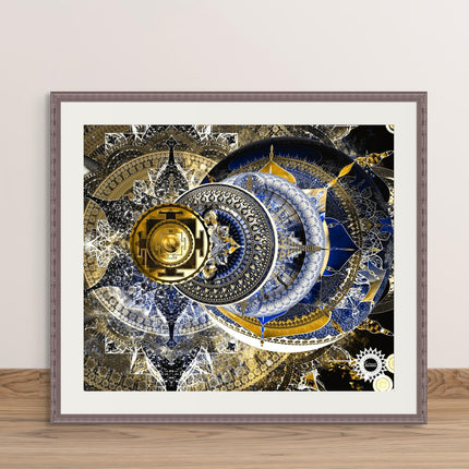 Celestial Sacred Geometry Mandala Clock  Royal Blue Gold Spiritual Wall Art Print