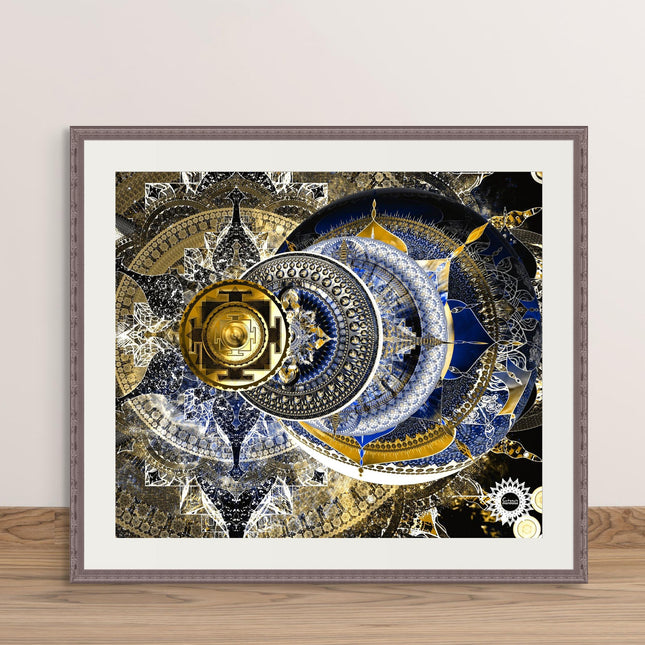 Celestial Sacred Geometry Mandala Clock  Royal Blue Gold Spiritual Wall Art Print