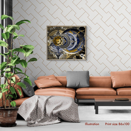 Celestial Sacred Geometry Mandala Clock  Royal Blue Gold Spiritual Wall Art Print