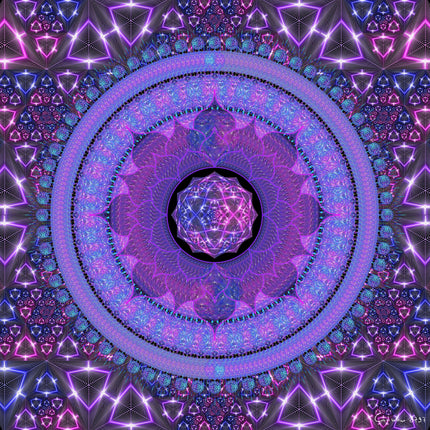 Electro Cosmic Mandala Print Neon Purple Blue Sacred Geometry Wall Art