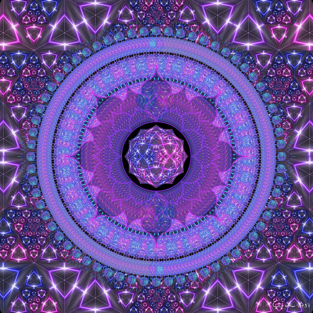 Electro Cosmic Mandala Print Neon Purple Blue Sacred Geometry Wall Art