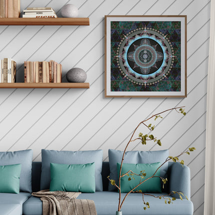 Aquamarine Mandala Wall Print, Sacred Geometry Artwork, Ocean Blue Spiritual Decor, Meditation Poster