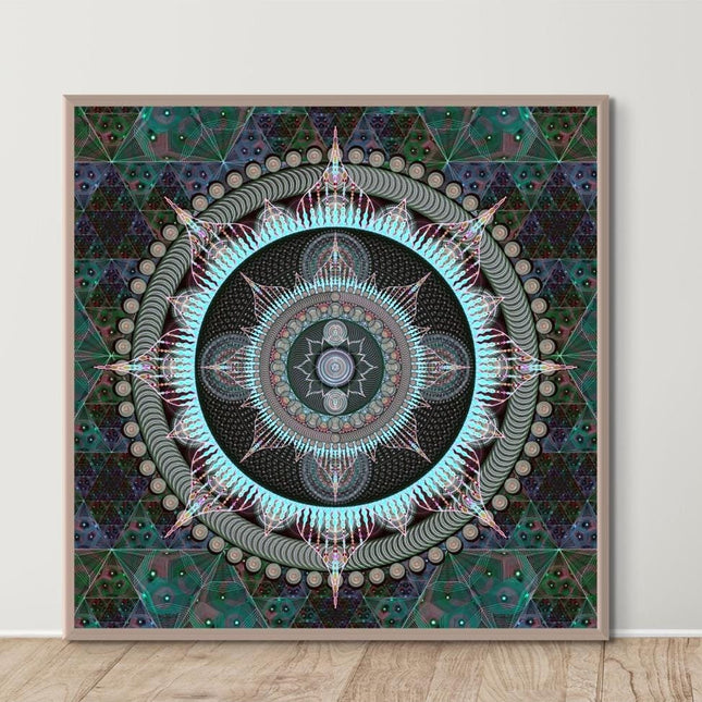 Aquamarine Mandala Wall Print, Sacred Geometry Artwork, Ocean Blue Spiritual Decor, Meditation Poster