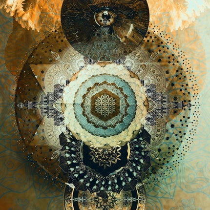 Sacred Flower of Life Mandala Wall Art - Golden Teal Feather Angel Wings - Triple Moon Spiritual Print - Divine Geometry Meditation Decor