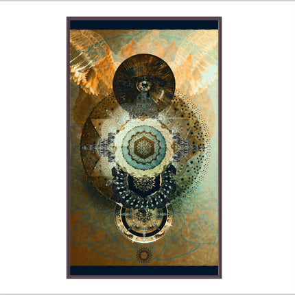 Sacred Flower of Life Mandala Wall Art - Golden Teal Feather Angel Wings - Triple Moon Spiritual Print - Divine Geometry Meditation Decor