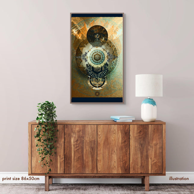 Sacred Flower of Life Mandala Wall Art - Golden Teal Feather Angel Wings - Triple Moon Spiritual Print - Divine Geometry Meditation Decor