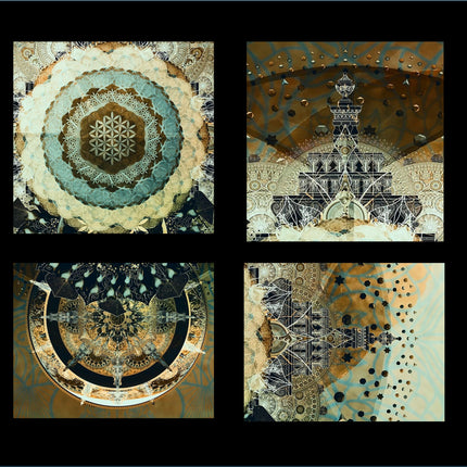 Sacred Flower of Life Mandala Wall Art - Golden Teal Feather Angel Wings - Triple Moon Spiritual Print - Divine Geometry Meditation Decor