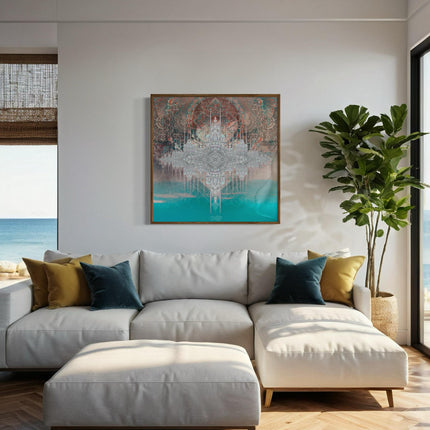 Sacred Geometry Castle Print  Aqua Blush Mandala Wall Art (Print Only)