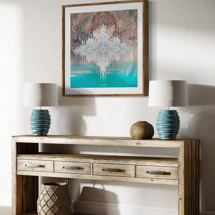 Sacred Geometry Castle Print  Aqua Blush Mandala Wall Art (Print Only)