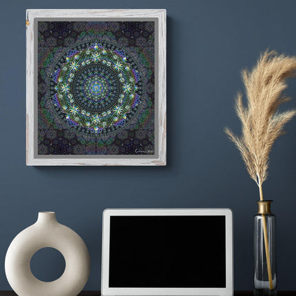 Radiant Mandala Wall Art  Charcoal, Teal, Violet Galaxy Desig, Sacred Geometry Boho Print, for Living Room, Bedroom or Yoga Studio