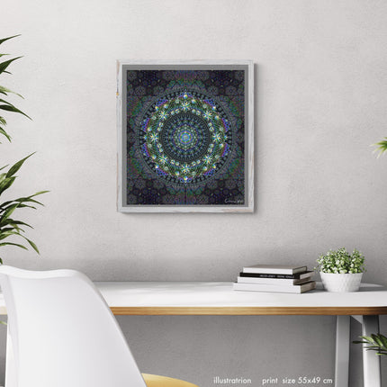 Radiant Mandala Wall Art  Charcoal, Teal, Violet Galaxy Desig, Sacred Geometry Boho Print, for Living Room, Bedroom or Yoga Studio