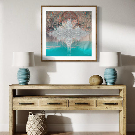 Sacred Geometry Castle Print  Aqua Blush Mandala Wall Art (Print Only)