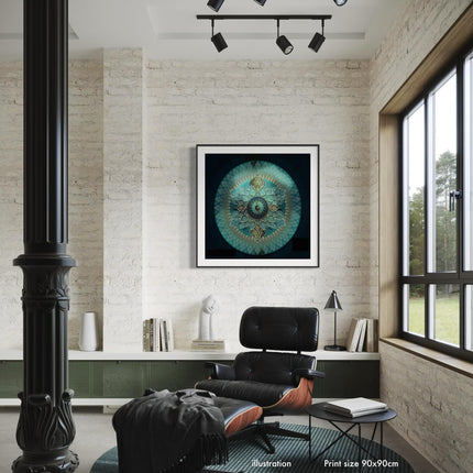 Jazbest – Türkiser Mandala-Kunstdruck, Heilige Geometrie, Boho-Wohnkultur
