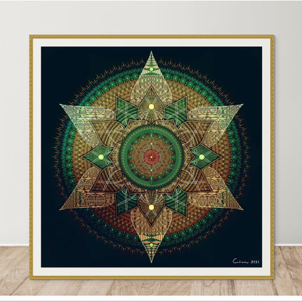 Emerald Gold Mandala Art Print, Sacred Geometry Wall Decor, Green Spiritual Home Art