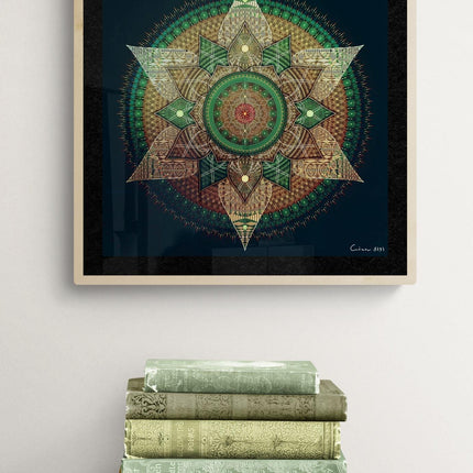 Emerald Gold Mandala Art Print, Sacred Geometry Wall Decor, Green Spiritual Home Art