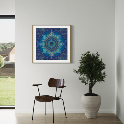 Blue Dream Mandala Art: Sacred Geometry Print on Metallic Paper