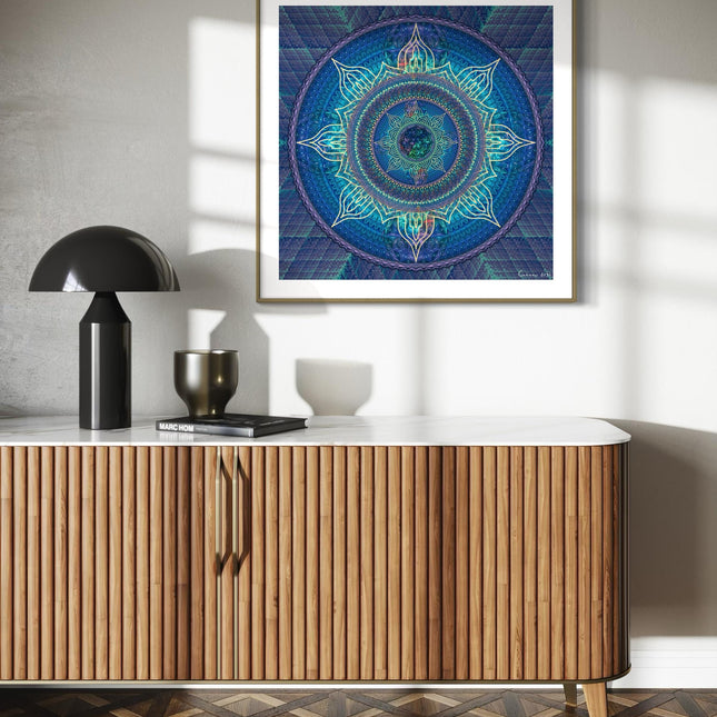 Blue Dream Mandala Art: Sacred Geometry Print on Metallic Paper