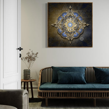 Golden Midnight Mandala Wall Art  Sacred Geometry Boho Print Blue Gold