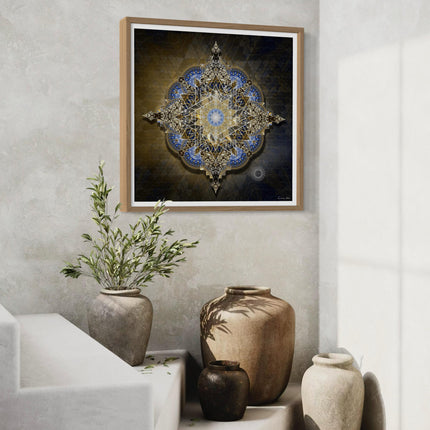 Golden Midnight Mandala Wall Art  Sacred Geometry Boho Print Blue Gold