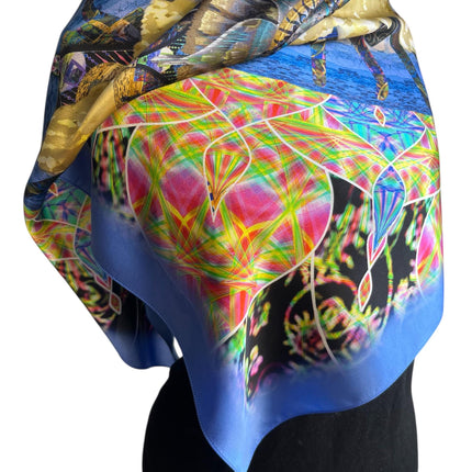Cosmic Lotus Mandala Silk Scarf - Psychedelic Neon Art Italian Satin Square Luxury Designer Bohemian Accessory