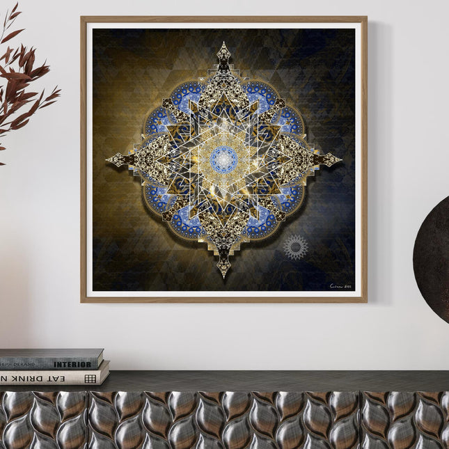 Golden Midnight Mandala Wall Art  Sacred Geometry Boho Print Blue Gold